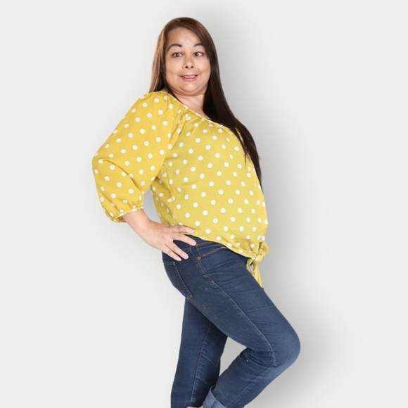 COLLECTION COSTA BLANCA WOMENS L YELLOW & WHITE POKA DOT SHIRT - Picture 7 of 14